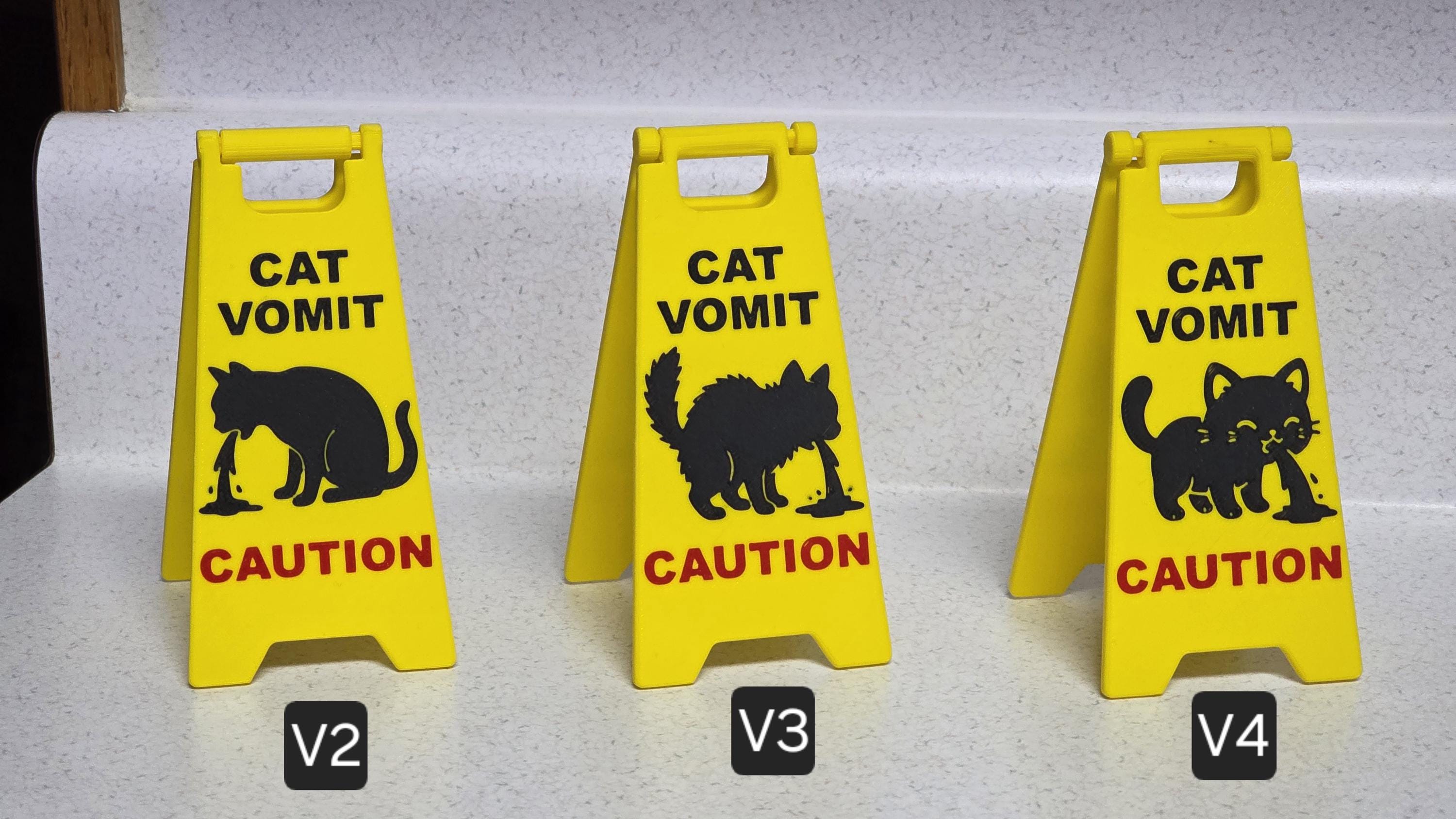 Cat Vomit wet floor sign V2, V3, V4 graphic options | Updated hinge | Gag gift | Stocking stuffer | 5 inch or 7 inch tall | Fast Shipping