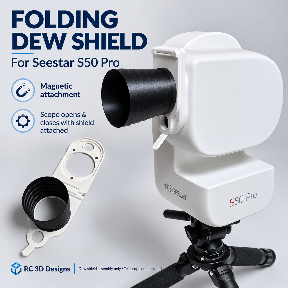 Seestar S50 Pro Folding Dew Shield | Magnetic Attachment | 3D Printed Telescope Accessory