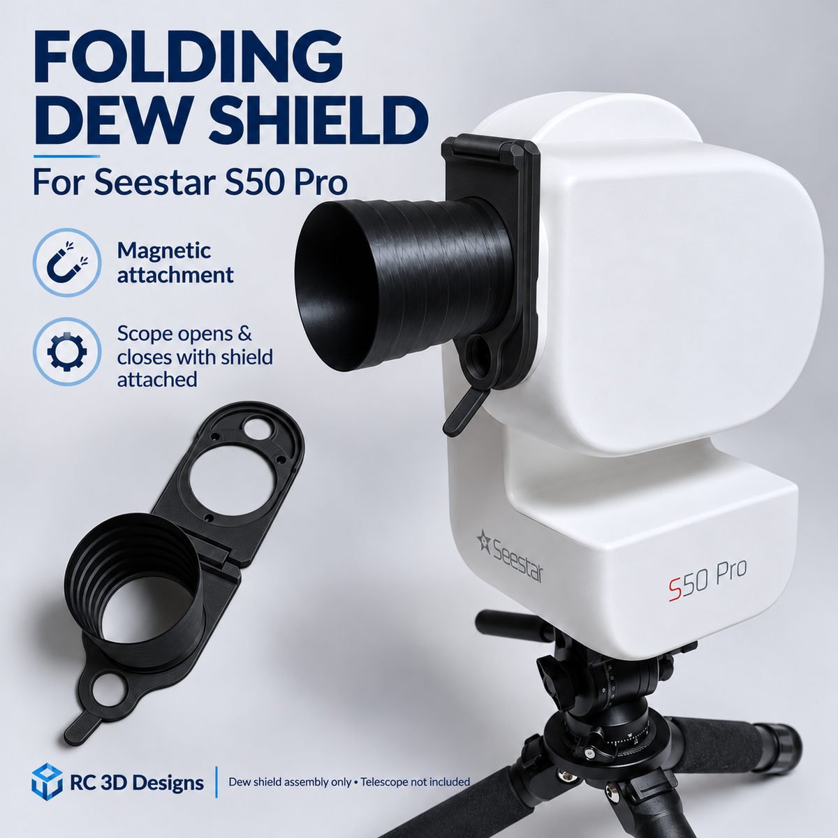 Seestar S50 Pro Folding Dew Shield | Magnetic Attachment | 3D Printed Telescope Accessory