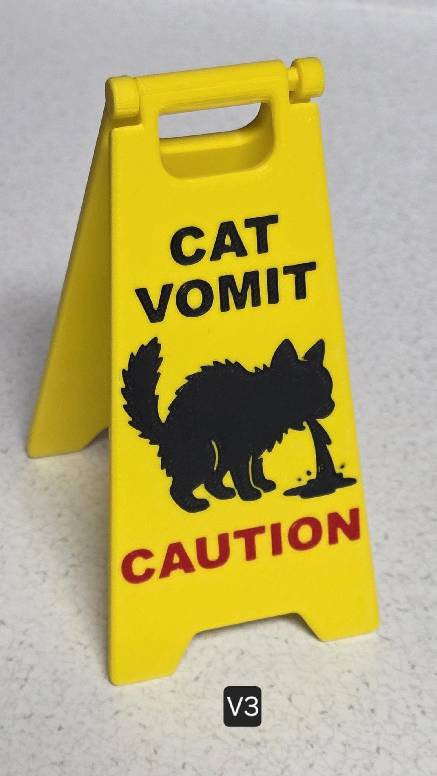 Cat Vomit wet floor sign V2, V3, V4 graphic options | Updated hinge | Gag gift | Stocking stuffer | 5 inch or 7 inch tall | Fast Shipping